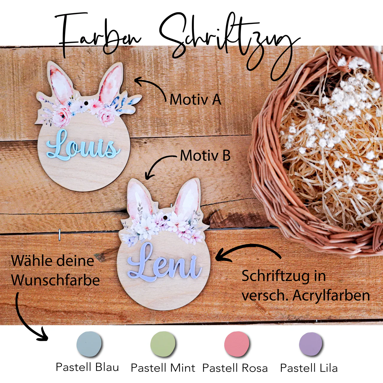 Osterei - Anhänger personalisiert mit Acrylschriftzug und Osterkörbchen