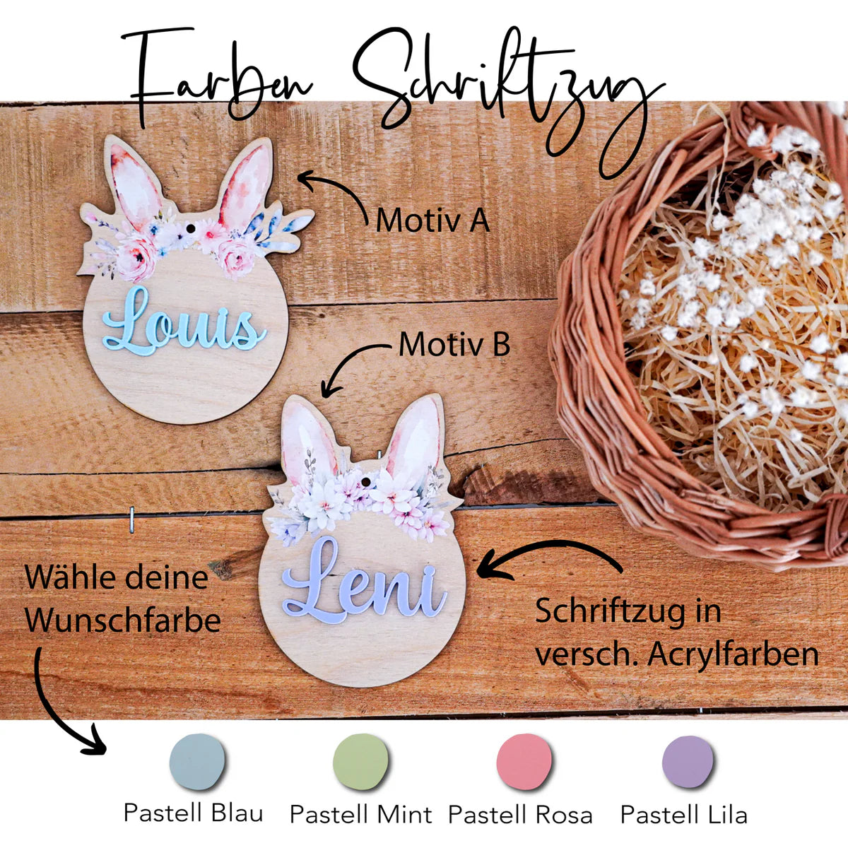 Osterei - Anhänger personalisiert mit Acrylschriftzug und Osterkörbchen