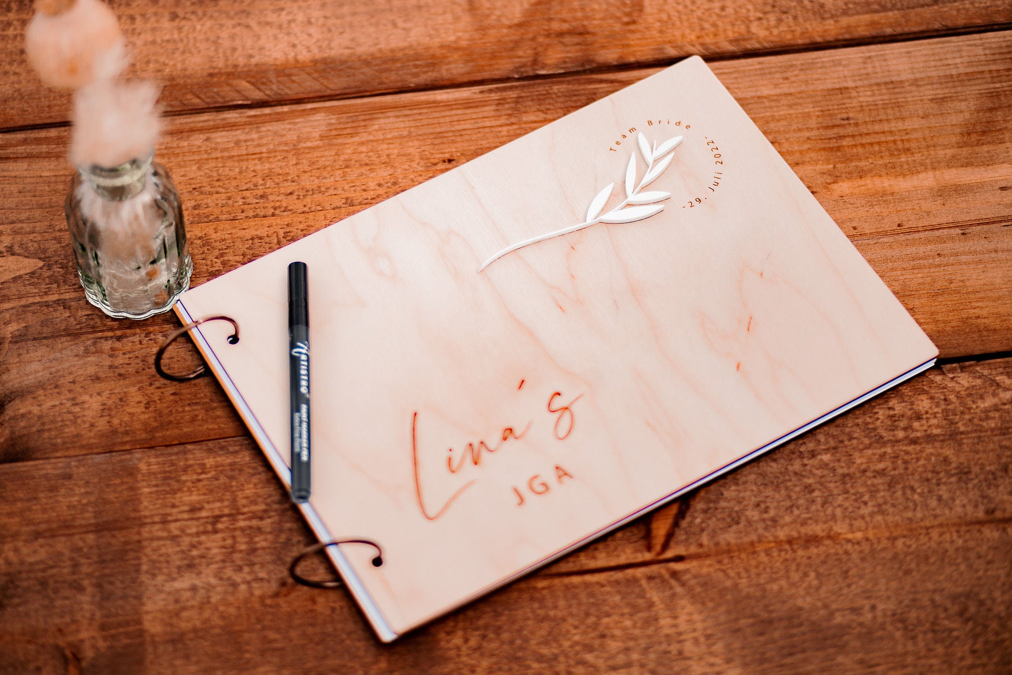 Junggesellenabschied Erinnerungsbuch Fotobuch Elefantenholz - Floral - Holz & Acrylglas für euren JGA