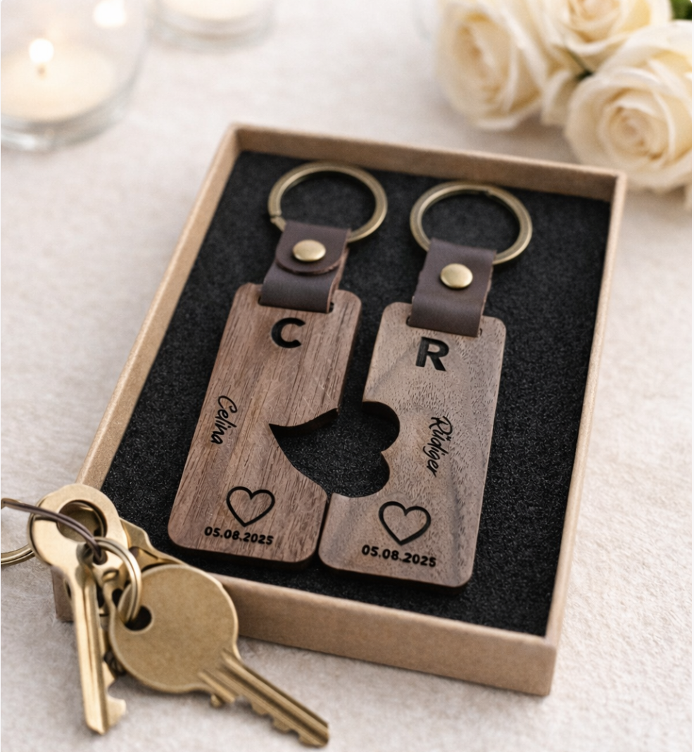 Partner Schlüsselanhänger Set aus Holz individuell graviert