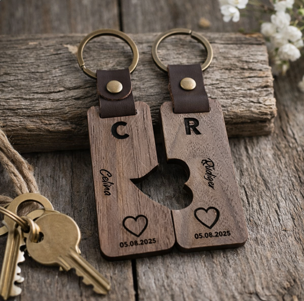 Partner Schlüsselanhänger Set aus Holz individuell graviert