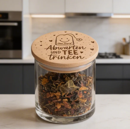 Teeglas mit Holzdeckel und Gravur | Einmachglas | personalisiert