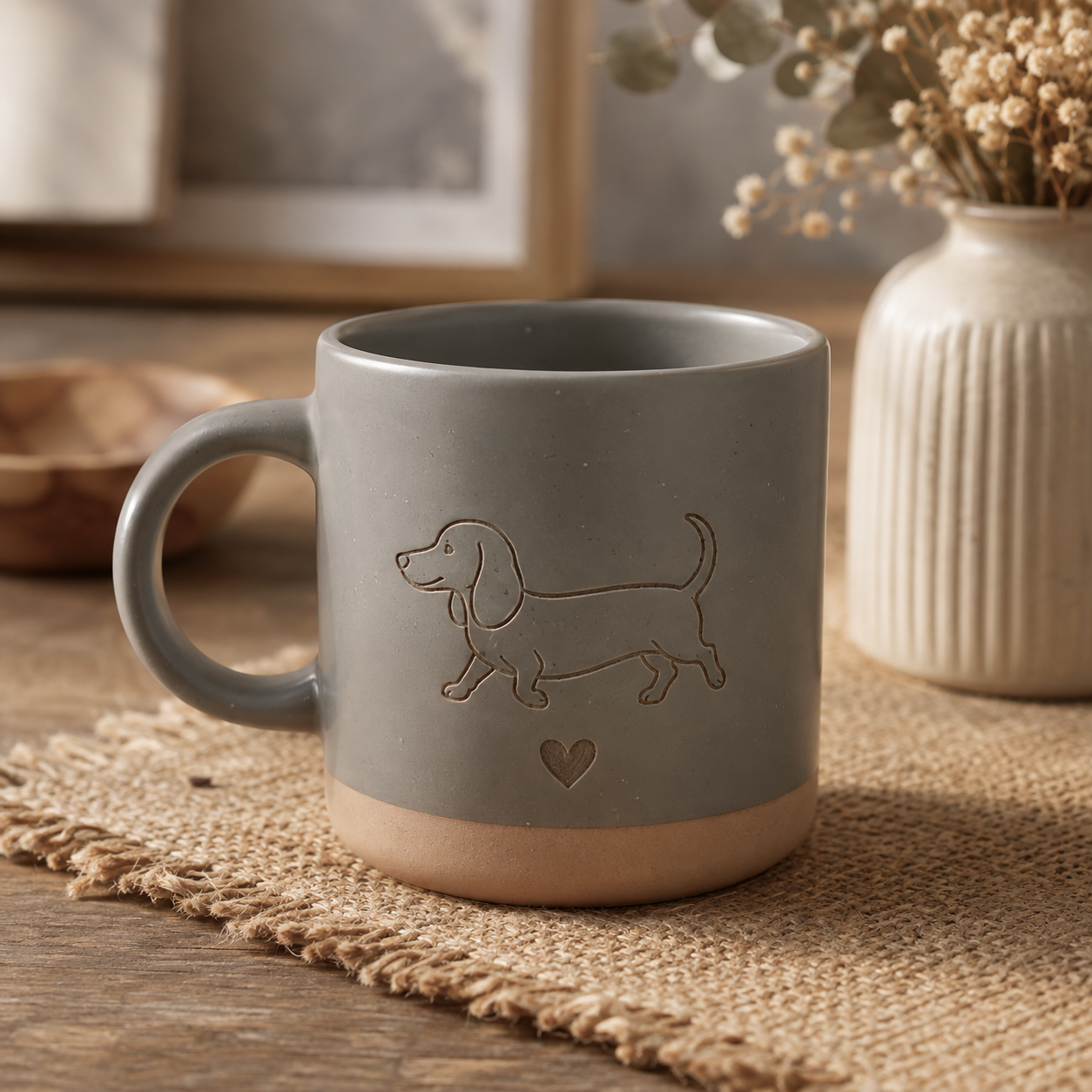 Dackel Keramik Tasse | Weiß & Grau I personalisiert