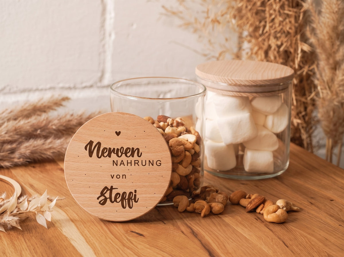 Personalisiertes Naschglas „Nervennahrung“ & „kleinen Dinge" mit Name & Holzdeckel