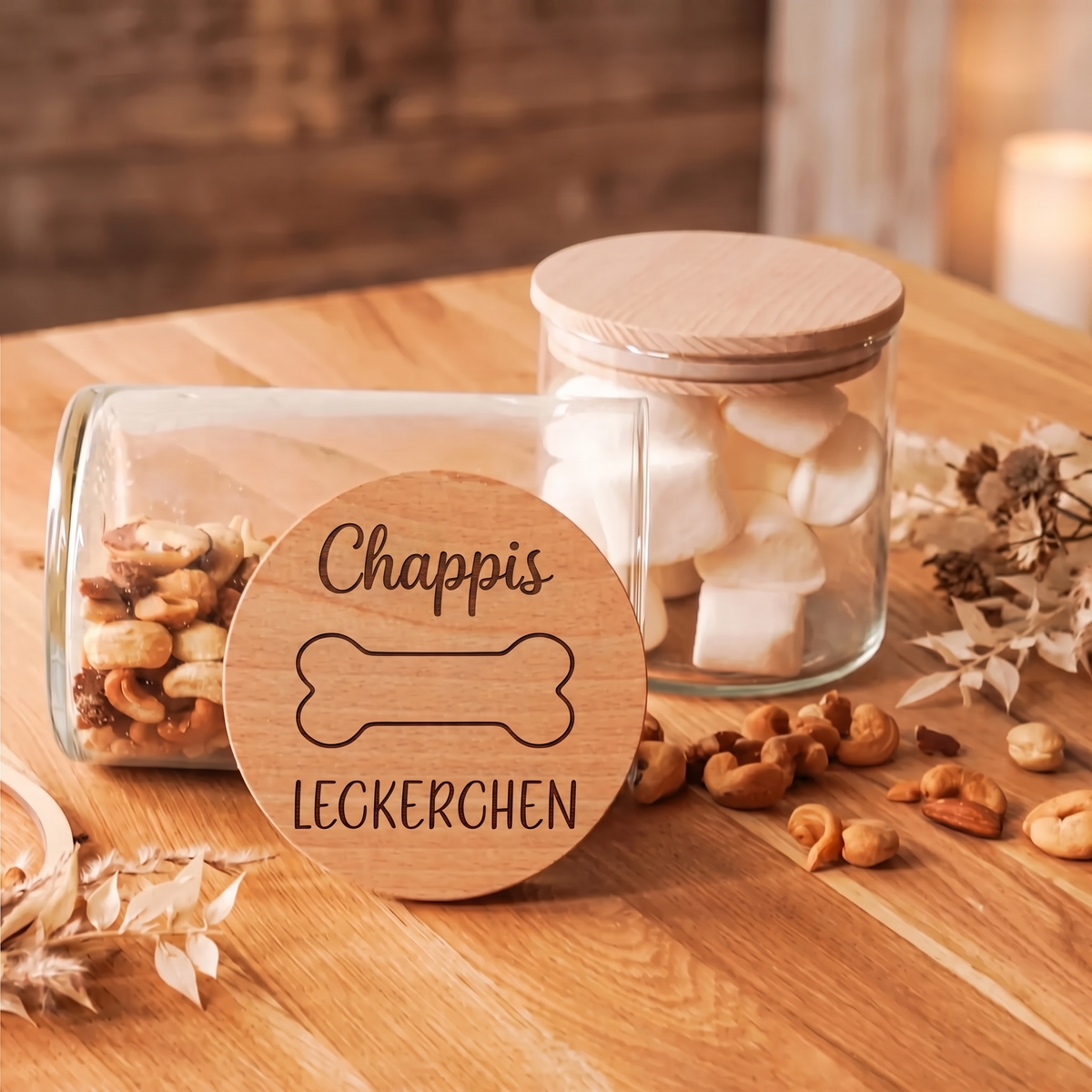 Personalisiertes Hunde-Leckerli-Glas mit Name & Holzdeckel