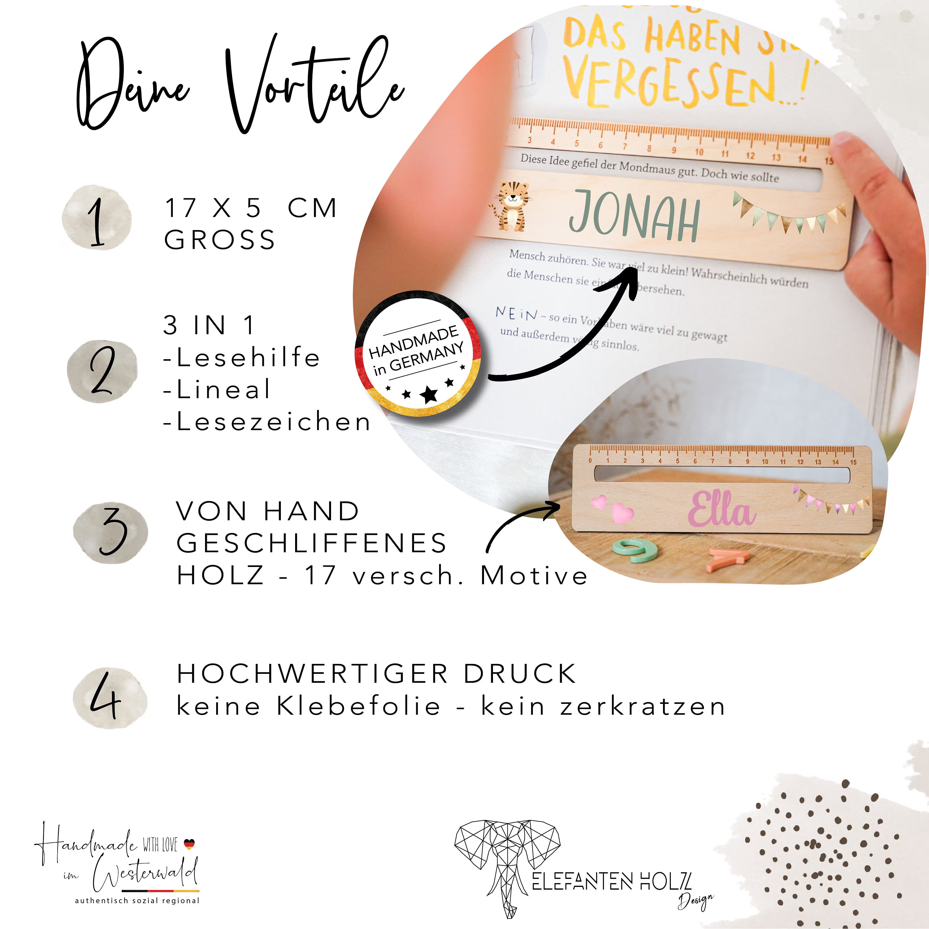 Lesehilfe mit Name, Holzlineal, Geschenk zur Schuleinführung