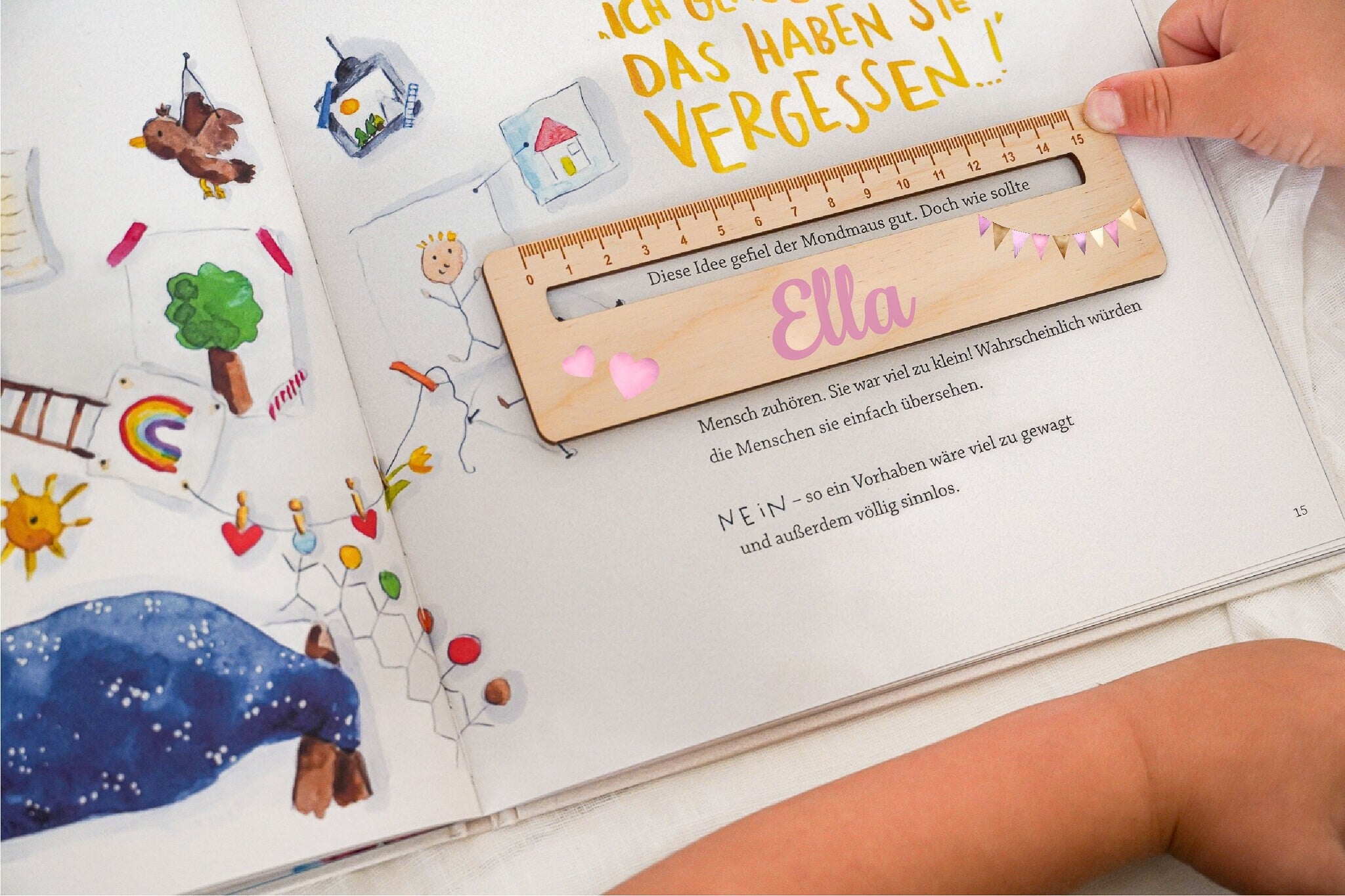 Lesehilfe mit Name, Holzlineal, Geschenk zur Schuleinführung