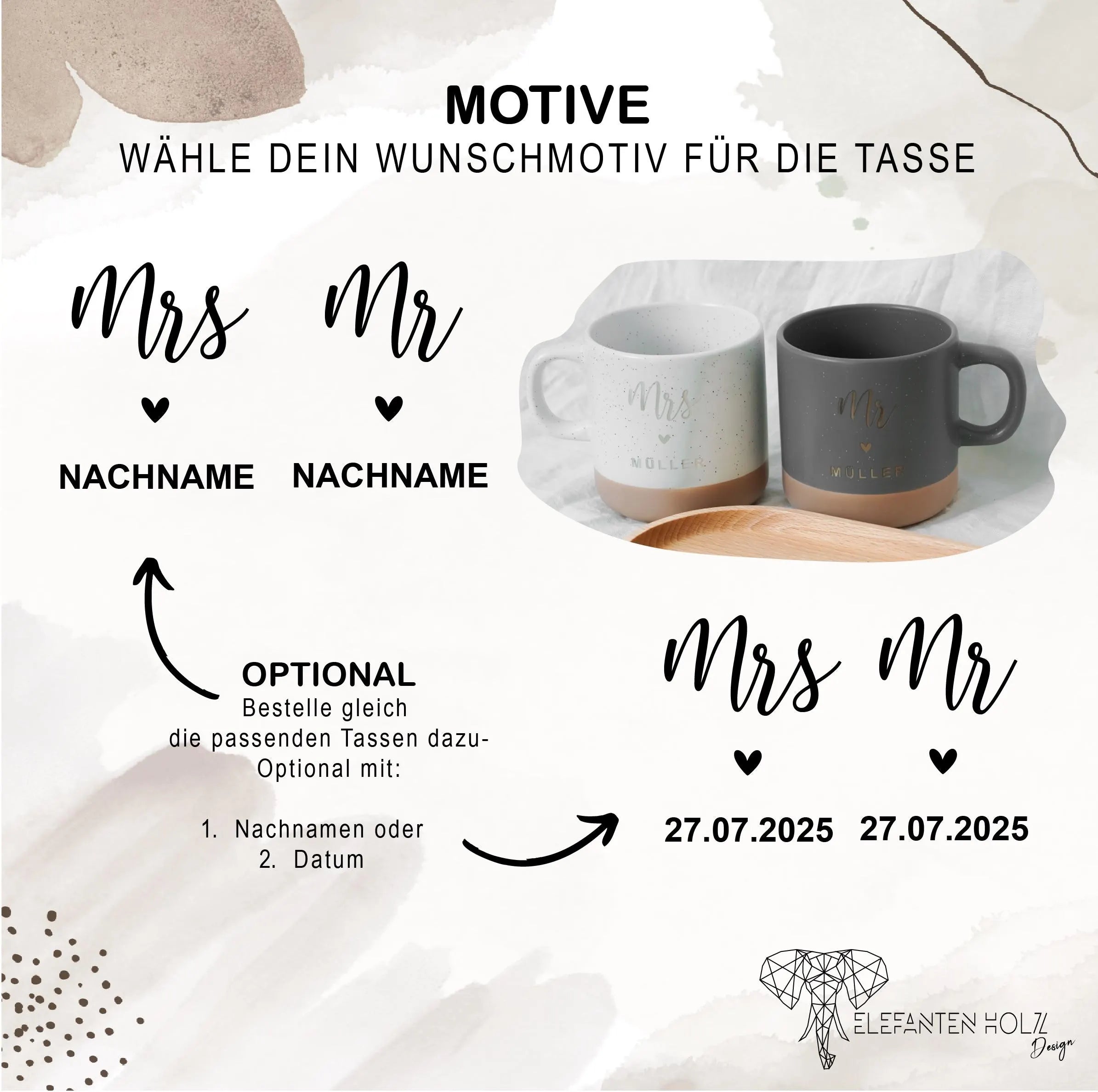 Mr. & Mrs. gravierte Tassen im Set mit Holztablett I personalisierbar