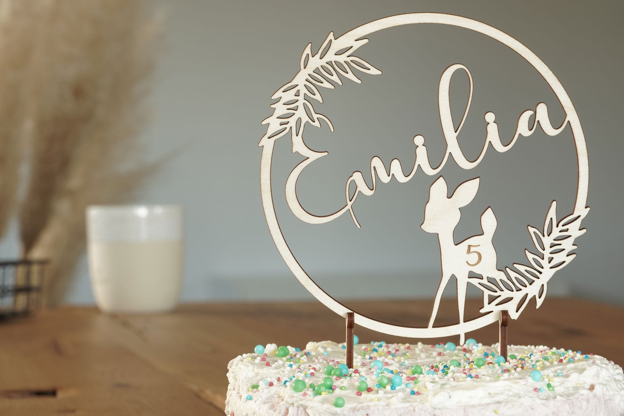 Cake Topper "Name" mit Rehkitz und Wunschzahl