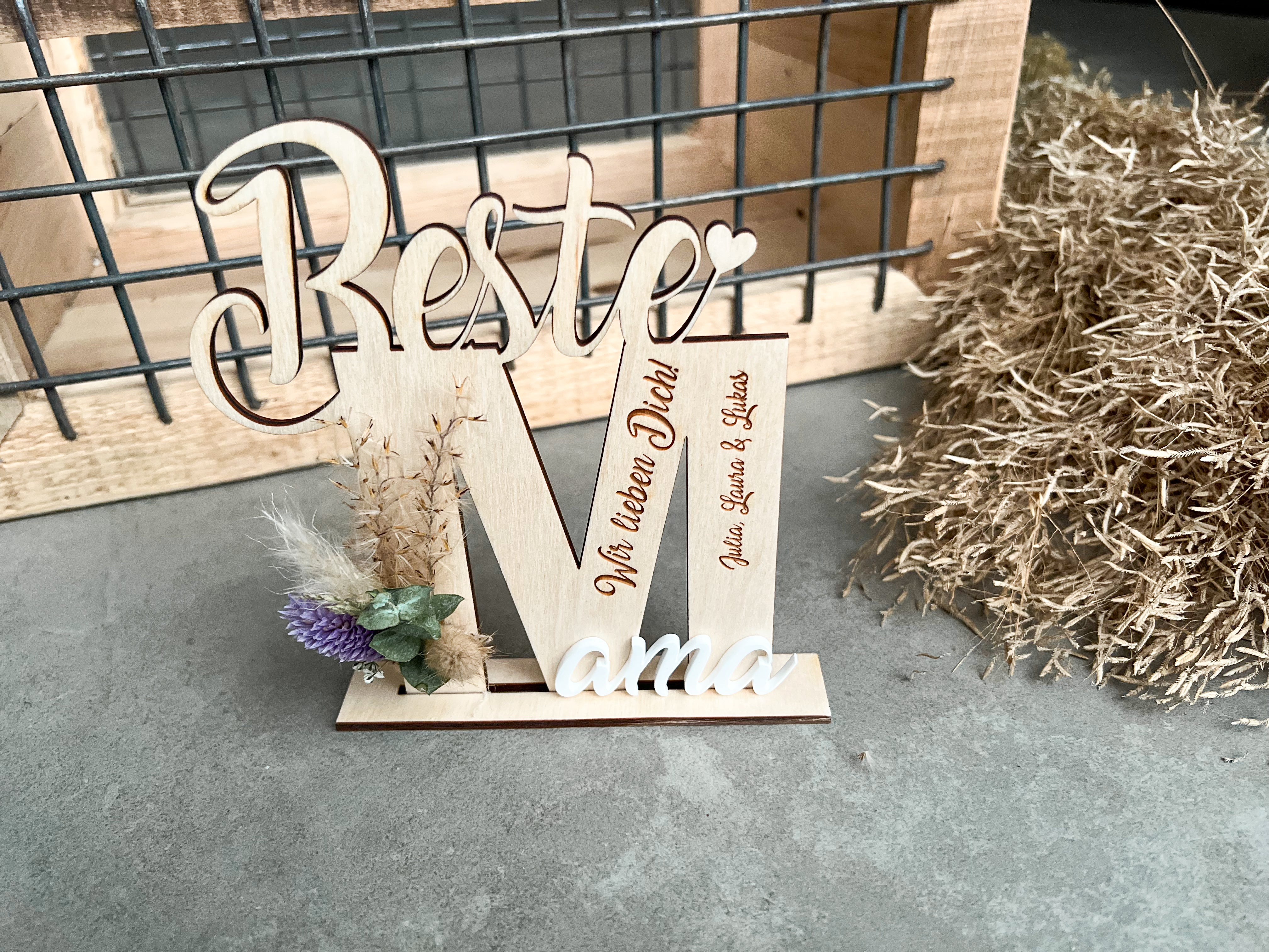 Holzaufsteller "Beste Mama" mit Trockenblumen