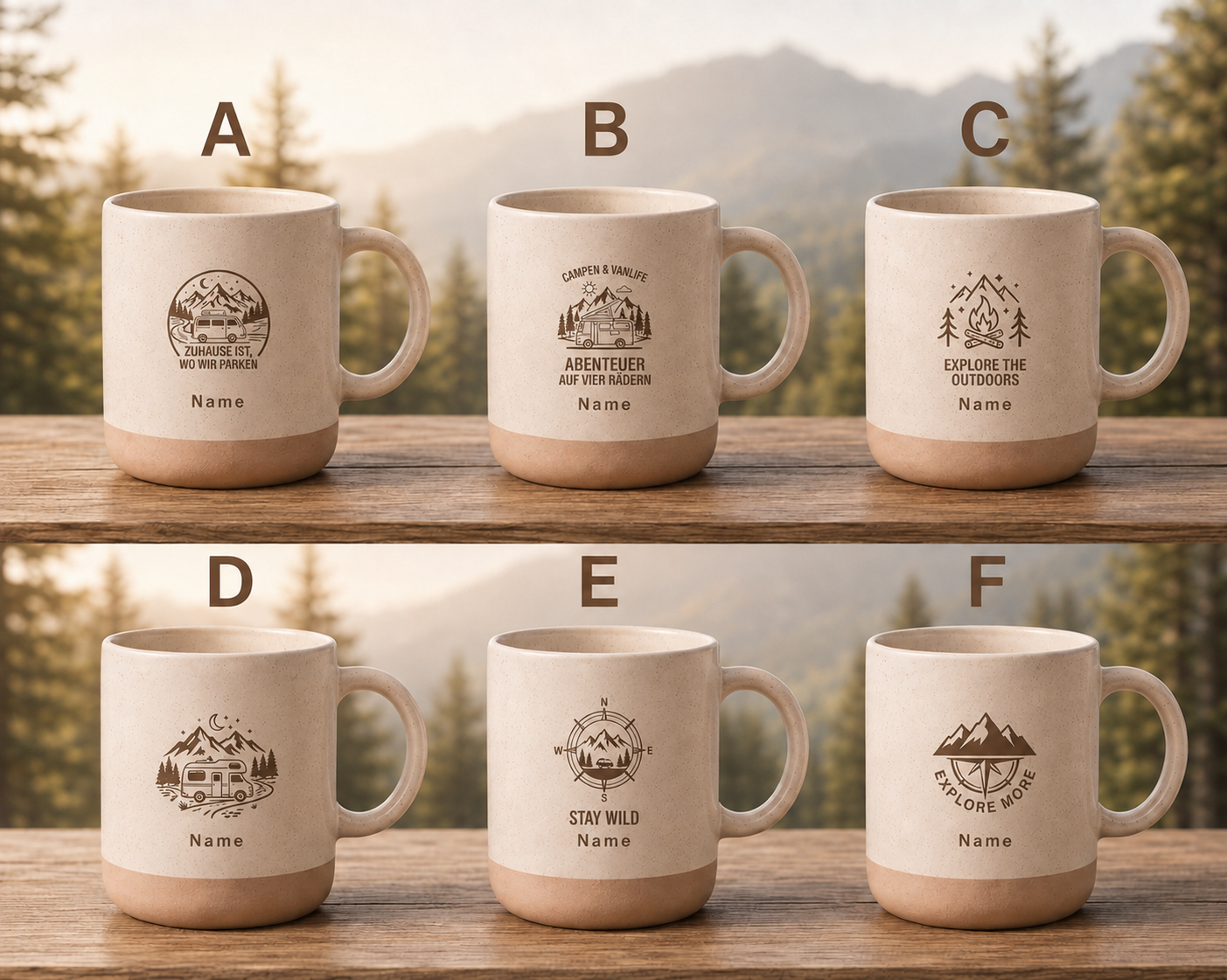 Personalisierte Camping-Tasse mit Wunschname – 6 Outdoor Designs | Geschenk für Camper & Vanlife-Fans