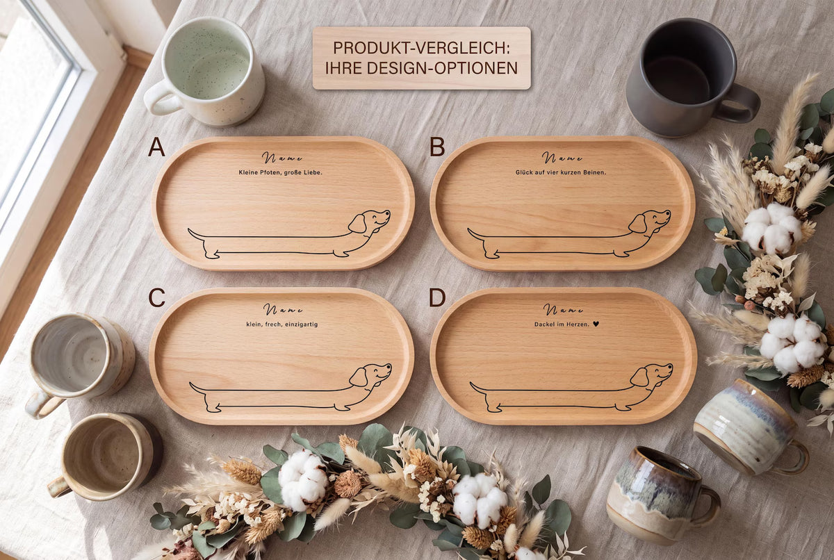 Personalisierte Dackel Tasse mit Name – Keramik Weiß/Grau, optional mit Dackel Brettchen | Geschenk für Dackelliebhaber