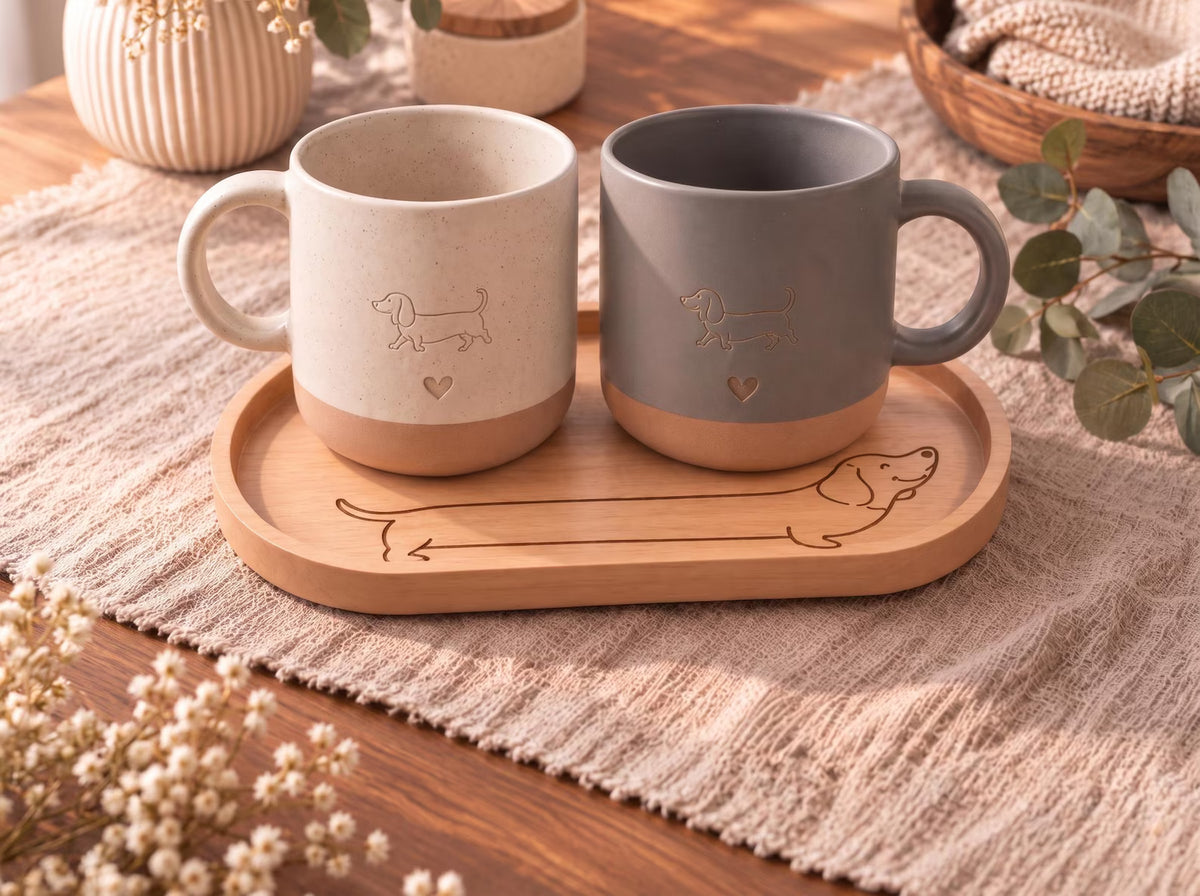 Personalisierte Dackel Tasse mit Name – Keramik Weiß/Grau, optional mit Dackel Brettchen | Geschenk für Dackelliebhaber