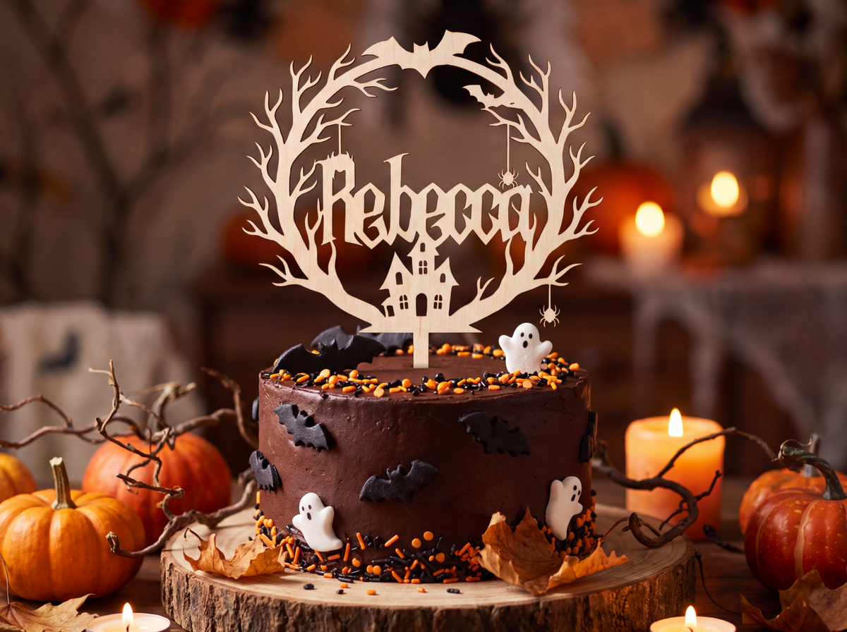 Halloween Cake Topper personalisiert mit Name – Tortenstecker für Geburtstag, Party & Grusel Torte