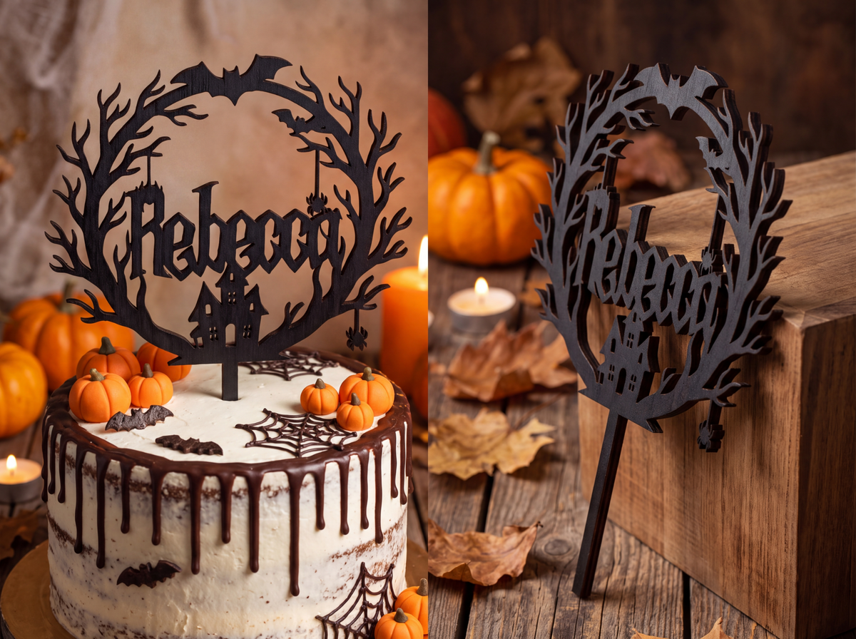 Halloween Cake Topper personalisiert mit Name – Tortenstecker für Geburtstag, Party & Grusel Torte