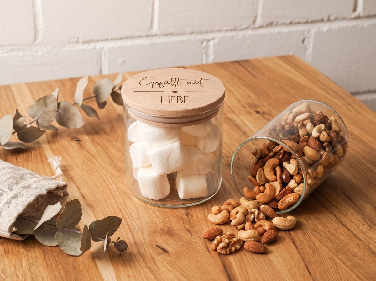 Personalisiertes Naschglas mit Holzdeckel & Gravur – Gefüllt mit Liebe & Naschglas von - mit Name