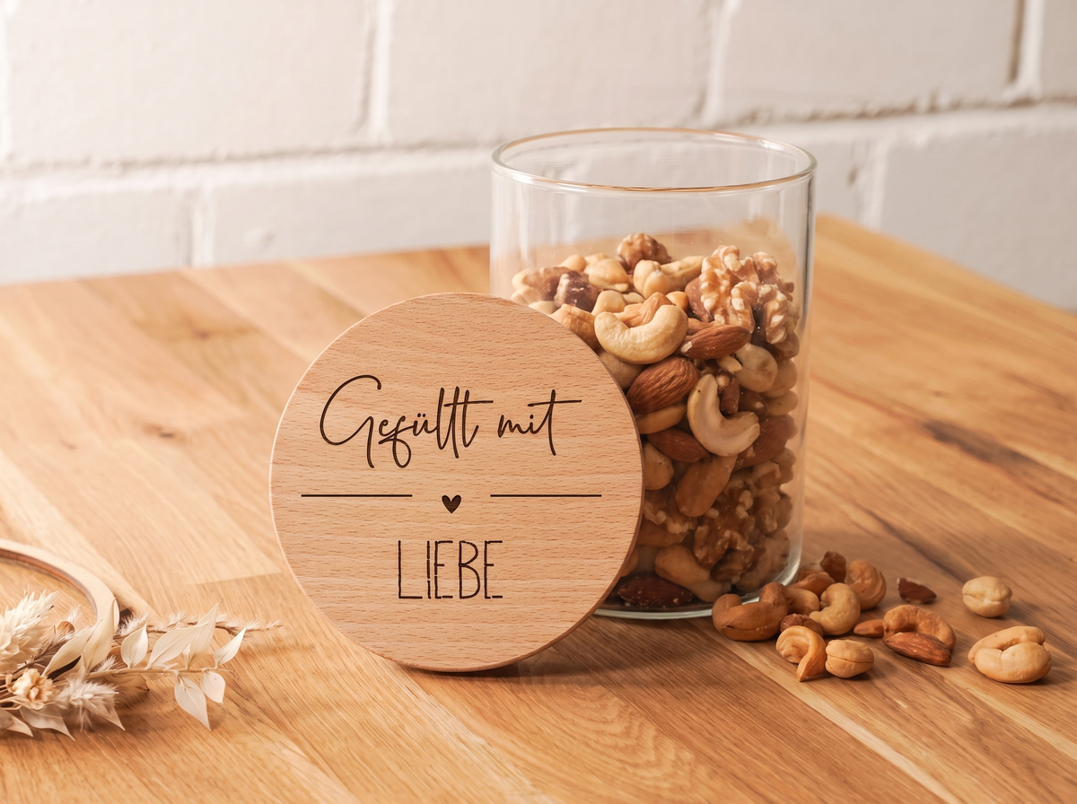 Personalisiertes Naschglas mit Holzdeckel & Gravur – Gefüllt mit Liebe & Naschglas von - mit Name
