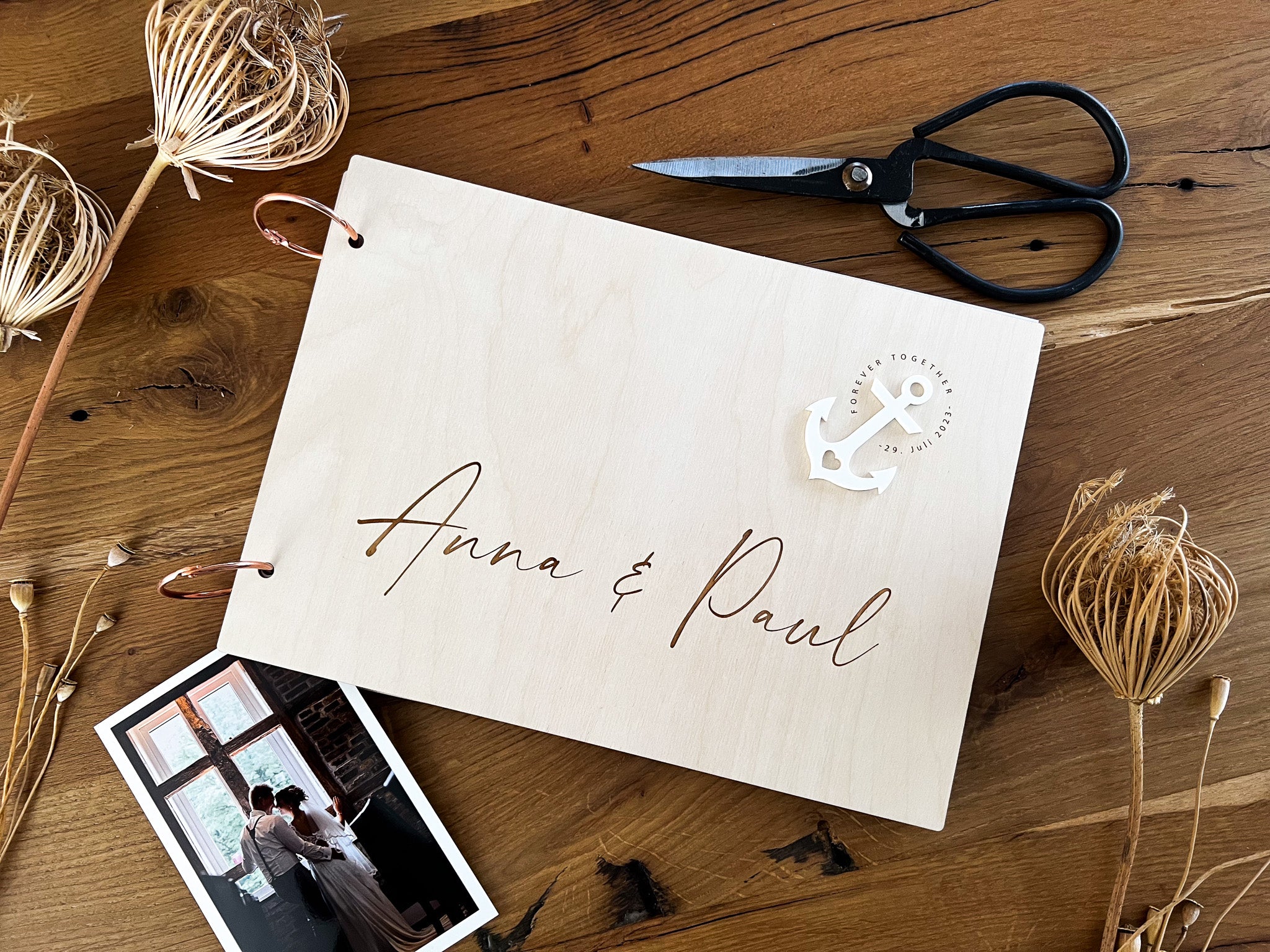 Personalisiertes Gästebuch zur Hochzeit Motiv Anker Paper Memories, Gästebuch aus Holz mit robusten Papierseiten