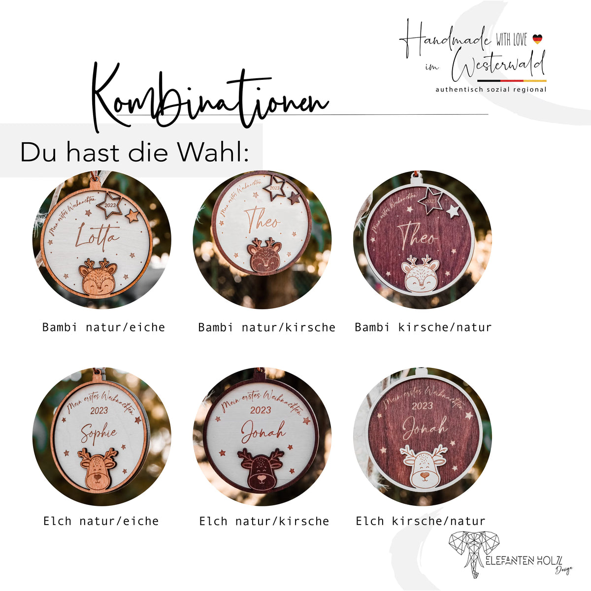 Personalisierte Weihnachtskugel mit Name & Datum – Mein erstes Weihnachten – Bambi oder Elch – Christbaumschmuck