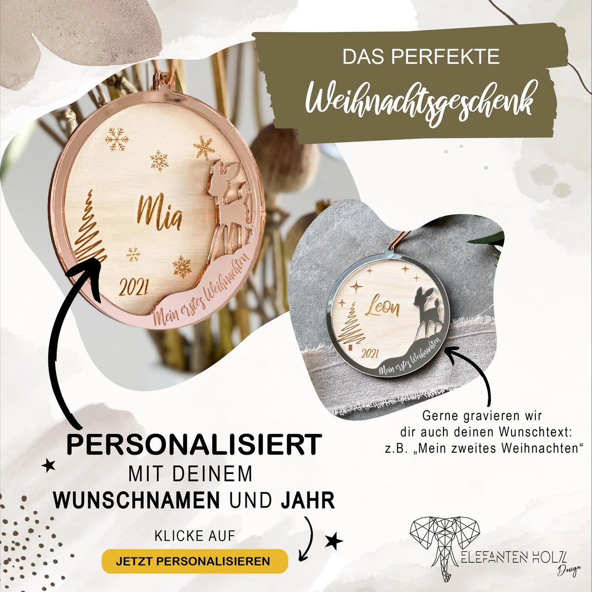 Personalisierte Weihnachtskugel Baby Mein erstes Weihnachten Rehkitz 3D – mit Name & Datum – Elefanten Holz