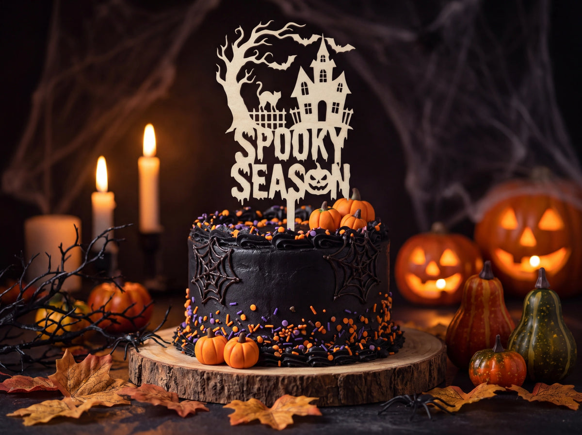Halloween Cake Topper Spooky Season aus Holz – Tortenstecker mit Spukhaus, Fledermäusen & Kürbis