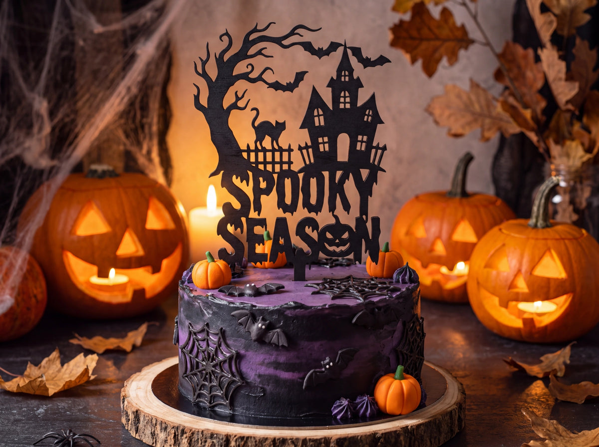 Halloween Cake Topper Spooky Season aus Holz – Tortenstecker mit Spukhaus, Fledermäusen & Kürbis