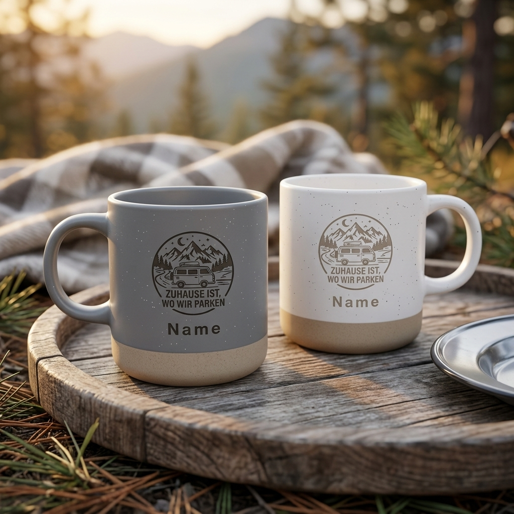 Personalisierte Camping-Tasse mit Wunschname – 6 Outdoor Designs | Geschenk für Camper & Vanlife-Fans