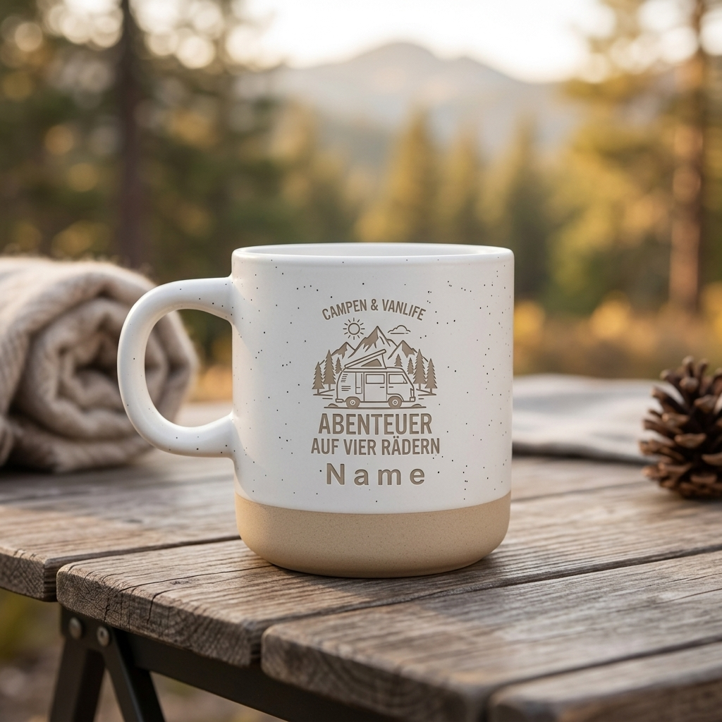 Personalisierte Camping-Tasse mit Wunschname – 6 Outdoor Designs | Geschenk für Camper & Vanlife-Fans