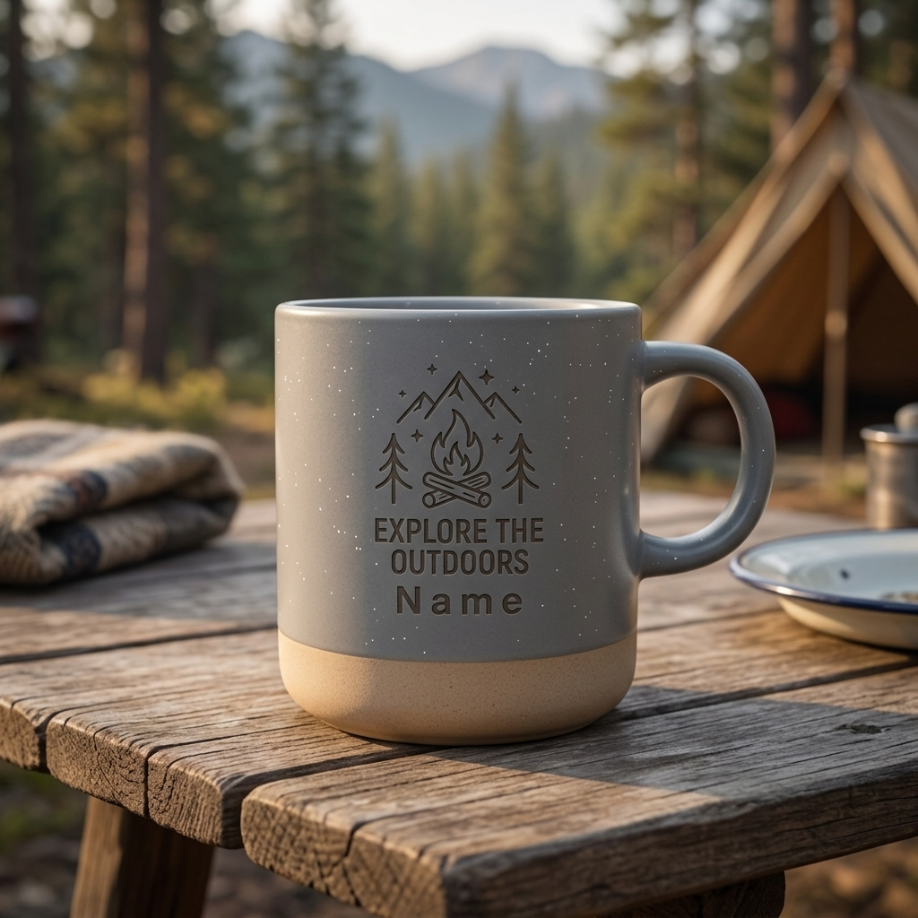 Personalisierte Camping-Tasse mit Wunschname – 6 Outdoor Designs | Geschenk für Camper & Vanlife-Fans