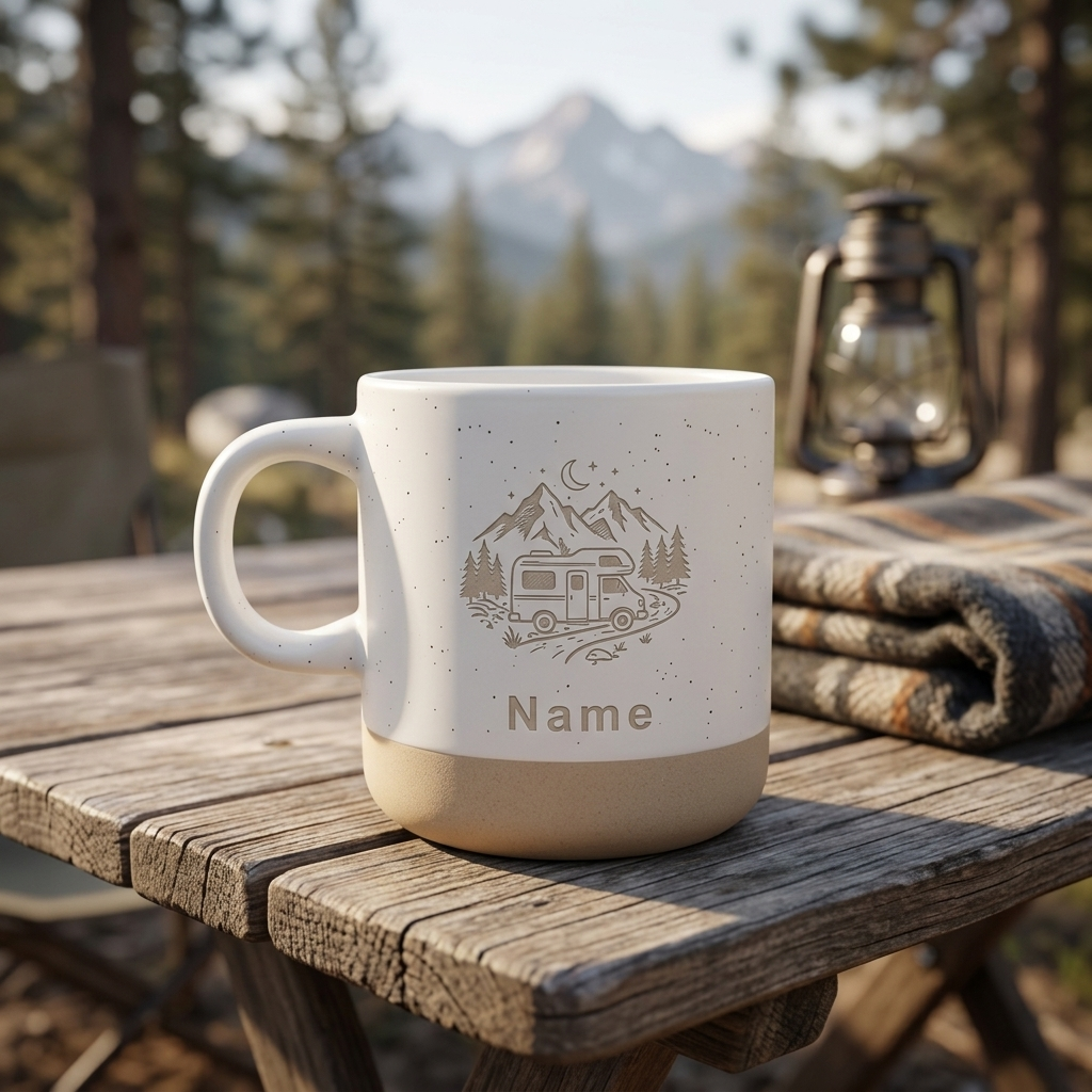 Personalisierte Camping-Tasse mit Wunschname – 6 Outdoor Designs | Geschenk für Camper & Vanlife-Fans