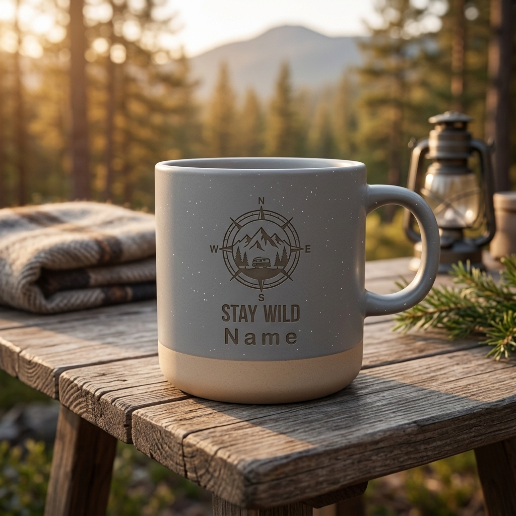 Personalisierte Camping-Tasse mit Wunschname – 6 Outdoor Designs | Geschenk für Camper & Vanlife-Fans