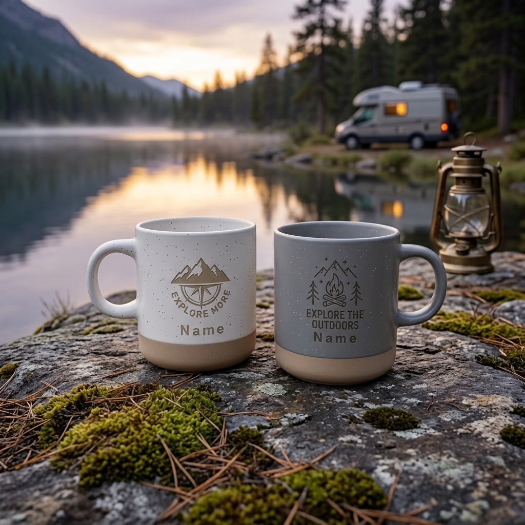 Personalisierte Camping-Tasse mit Wunschname – 6 Outdoor Designs | Geschenk für Camper & Vanlife-Fans