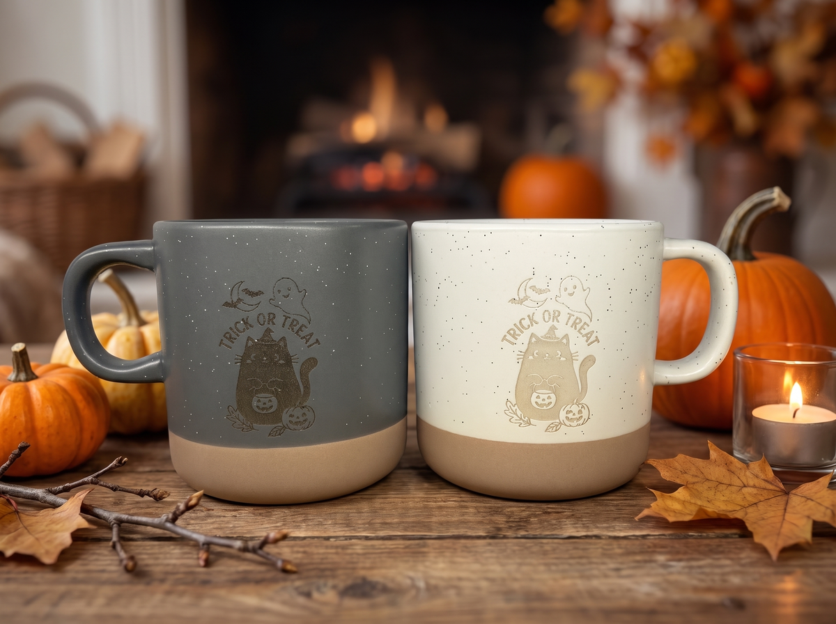 Halloween Keramik Tasse | „Trick or Treat“ mit Katze & Kürbis | Weiß & Grau