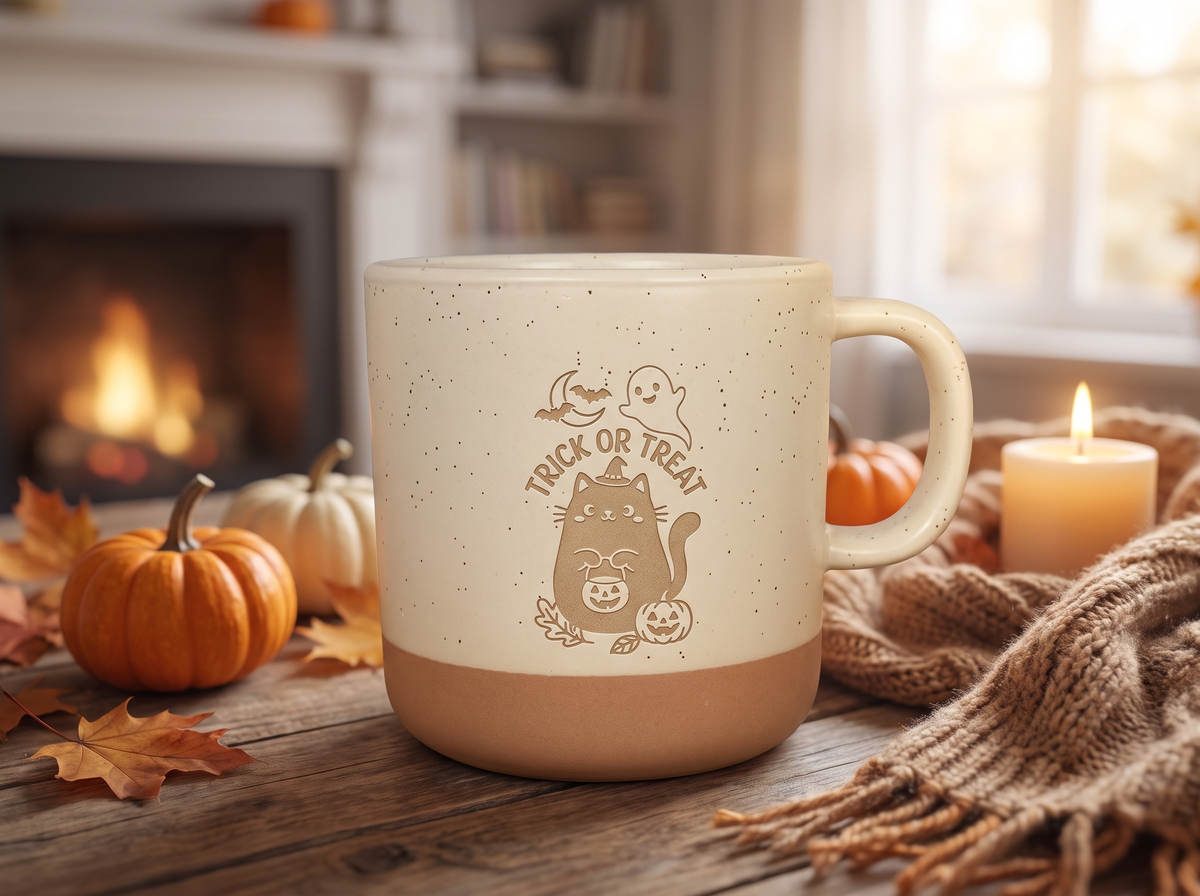 Halloween Keramik Tasse | „Trick or Treat“ mit Katze & Kürbis | Weiß & Grau