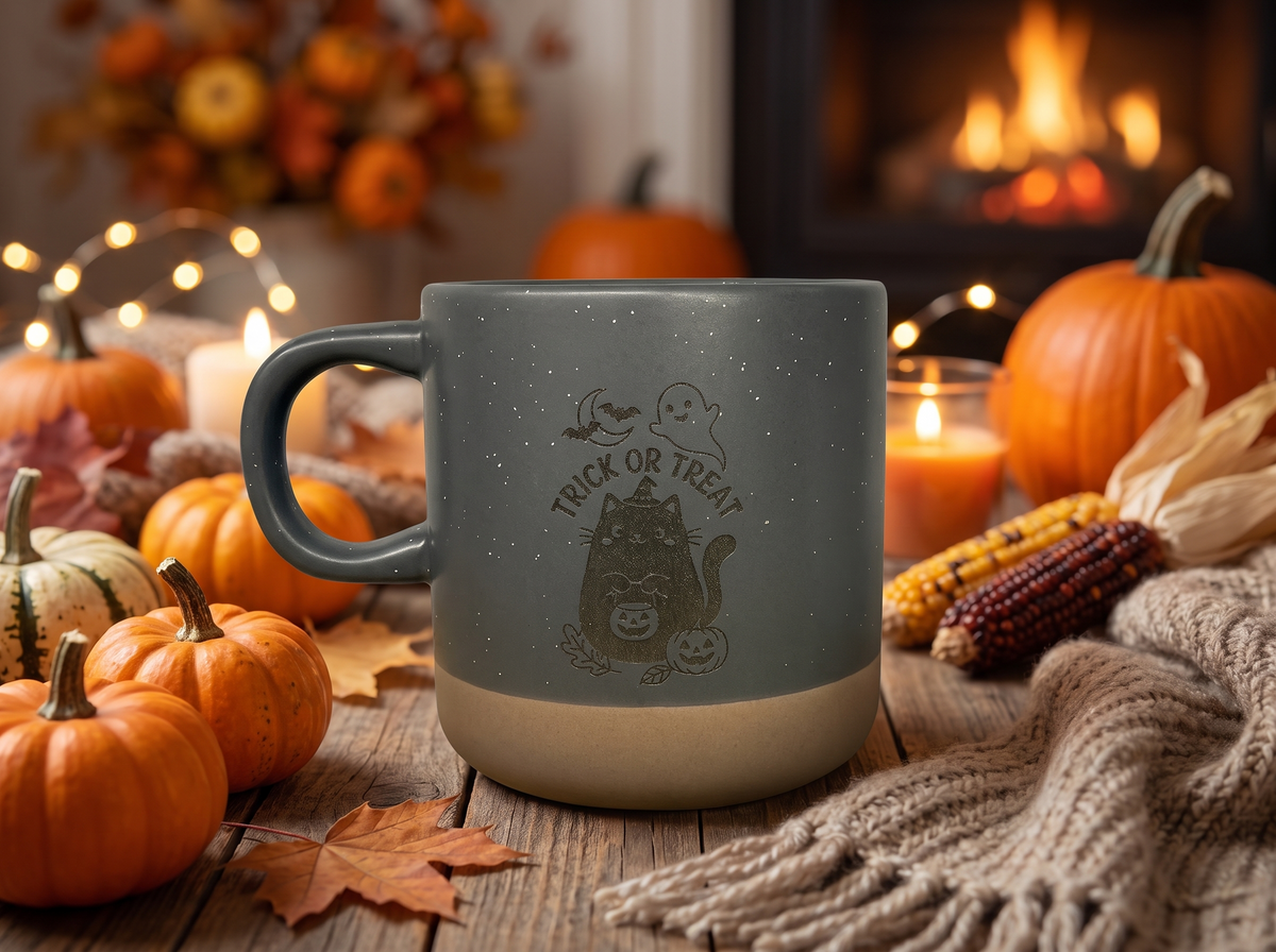 Halloween Keramik Tasse | „Trick or Treat“ mit Katze & Kürbis | Weiß & Grau