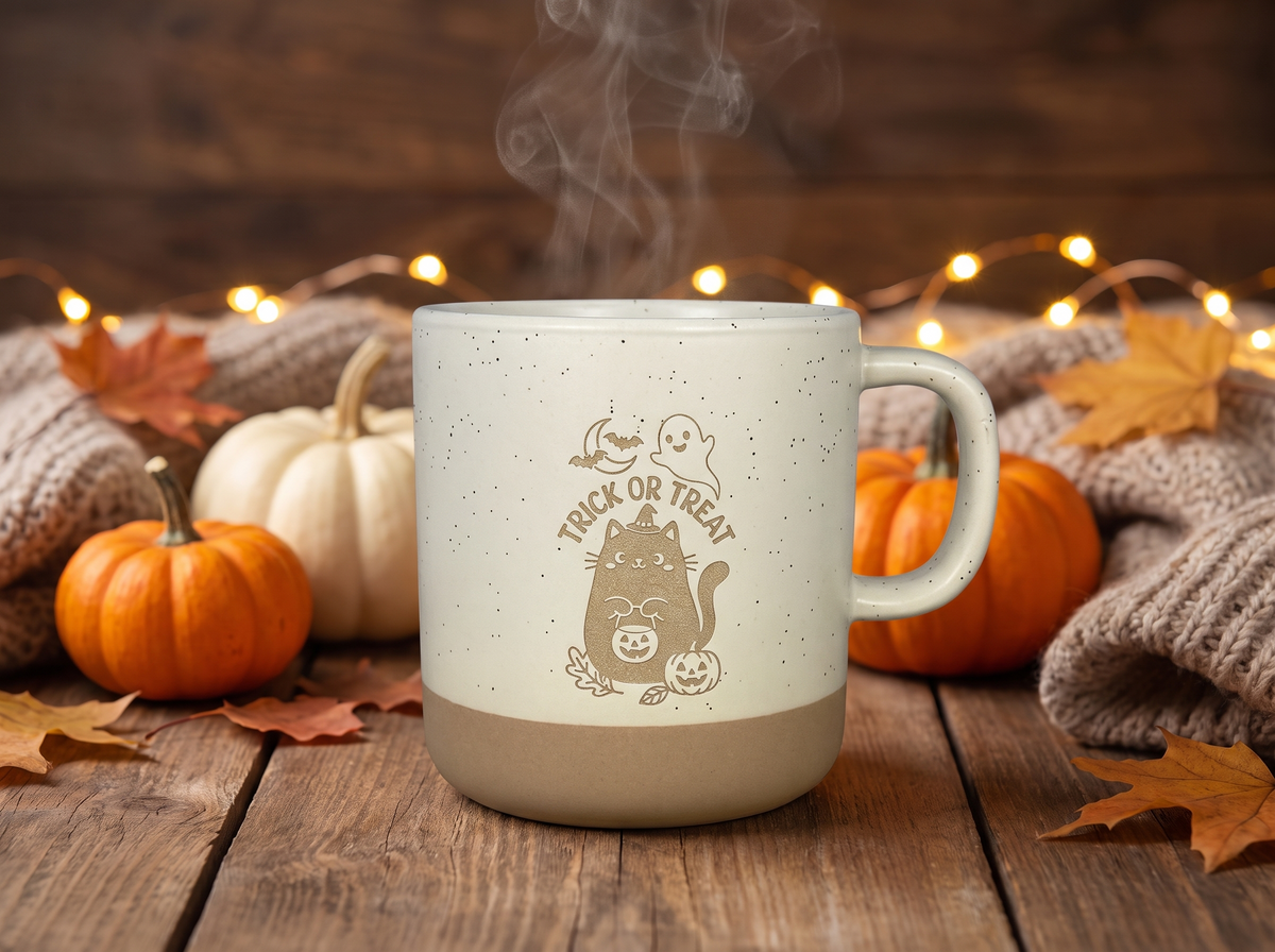 Halloween Keramik Tasse | „Trick or Treat“ mit Katze & Kürbis | Weiß & Grau