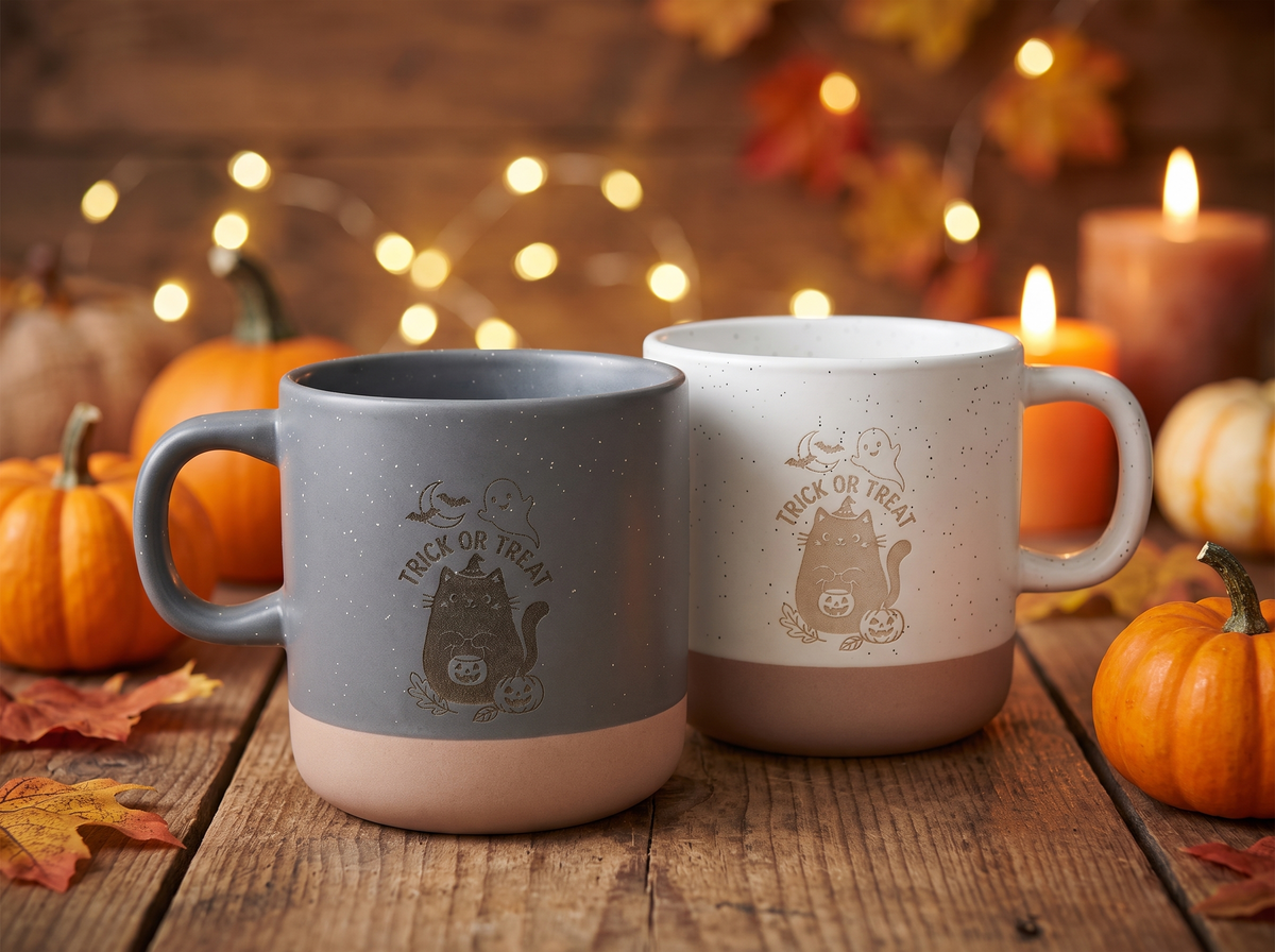 Halloween Keramik Tasse | „Trick or Treat“ mit Katze & Kürbis | Weiß & Grau