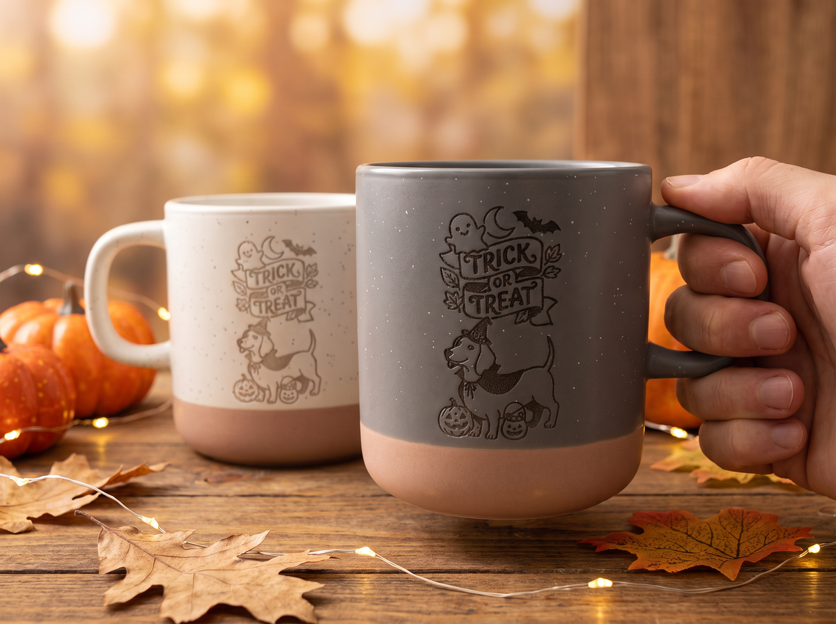 Dackel Halloween Keramik Tasse | „Trick or Treat“ mit Dackel | Weiß & Grau