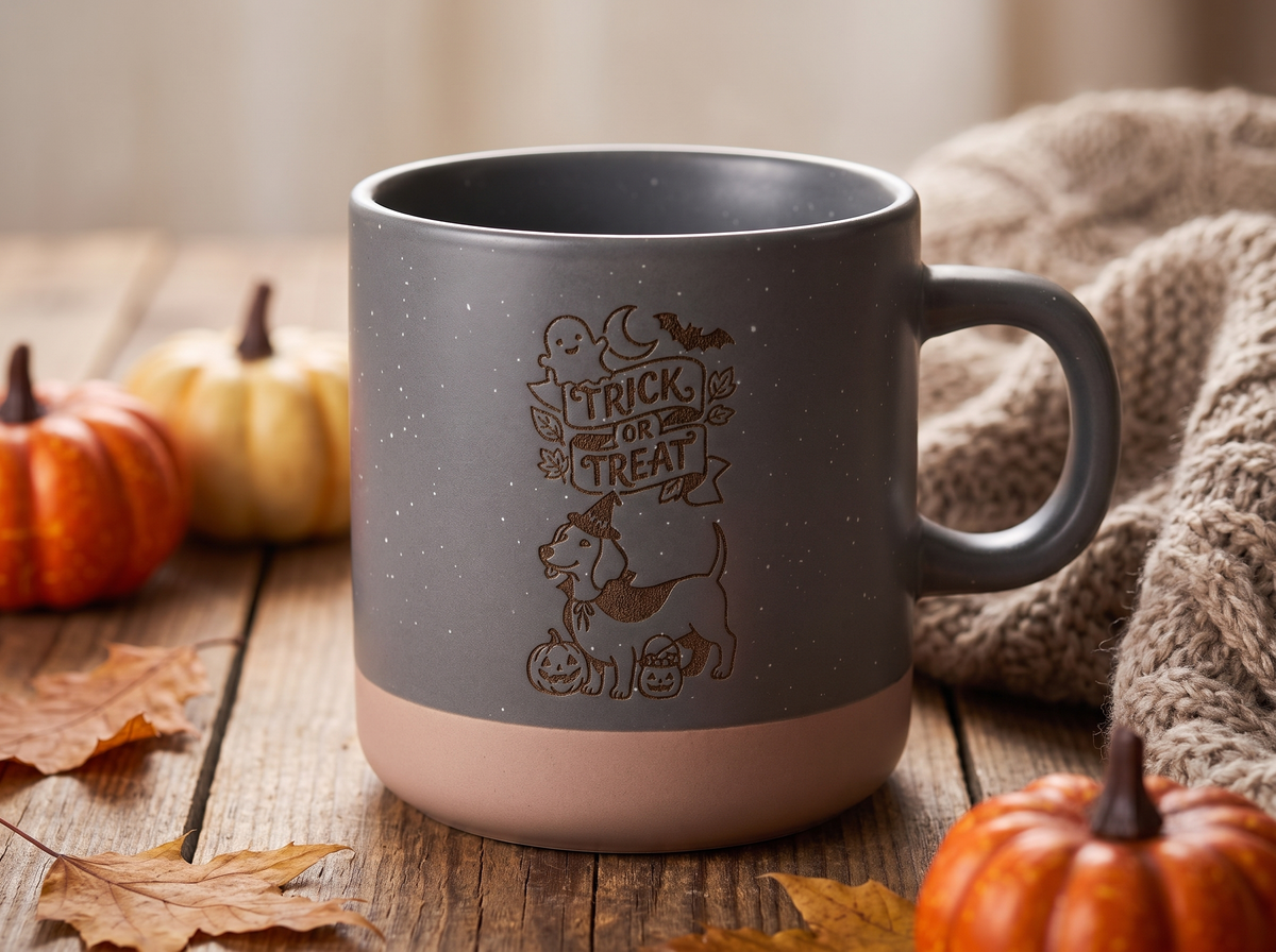 Dackel Halloween Keramik Tasse | „Trick or Treat“ mit Dackel | Weiß & Grau