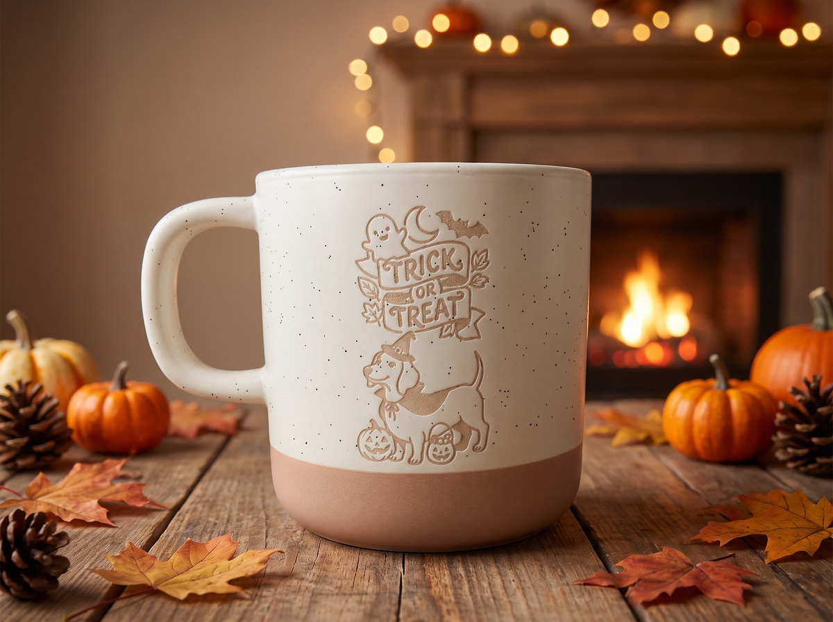Dackel Halloween Keramik Tasse | „Trick or Treat“ mit Dackel | Weiß & Grau