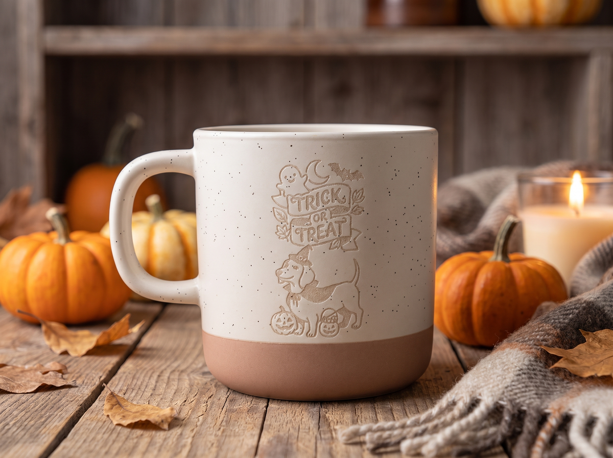 Dackel Halloween Keramik Tasse | „Trick or Treat“ mit Dackel | Weiß & Grau