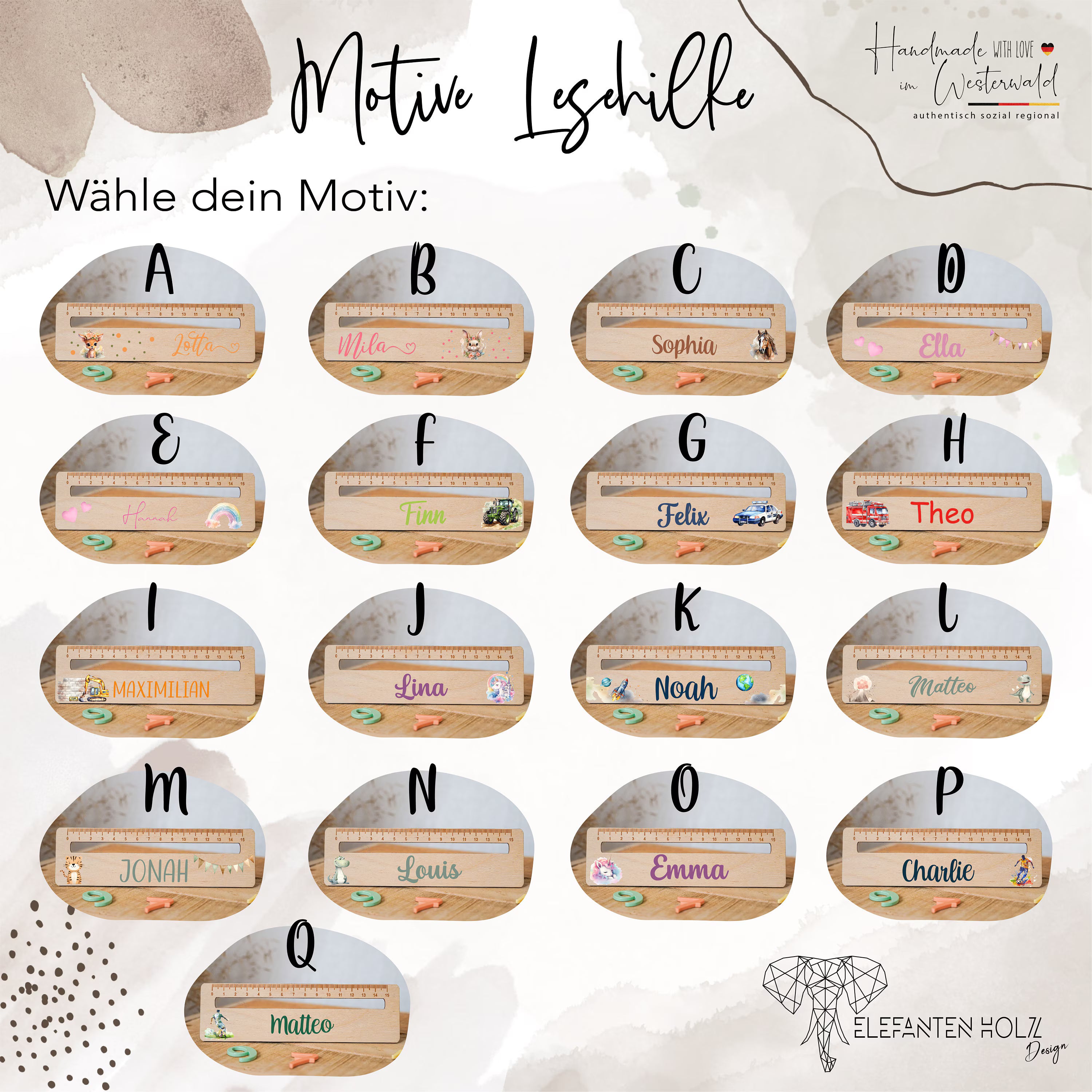 Lesehilfe mit Name, Holzlineal, Geschenk zur Schuleinführung